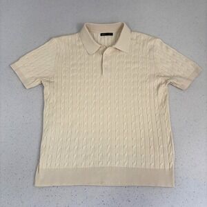 Cable Knit Polo Sweater Shirt Cream Short Sleeve Preppy Retro SPAO Men's Size L